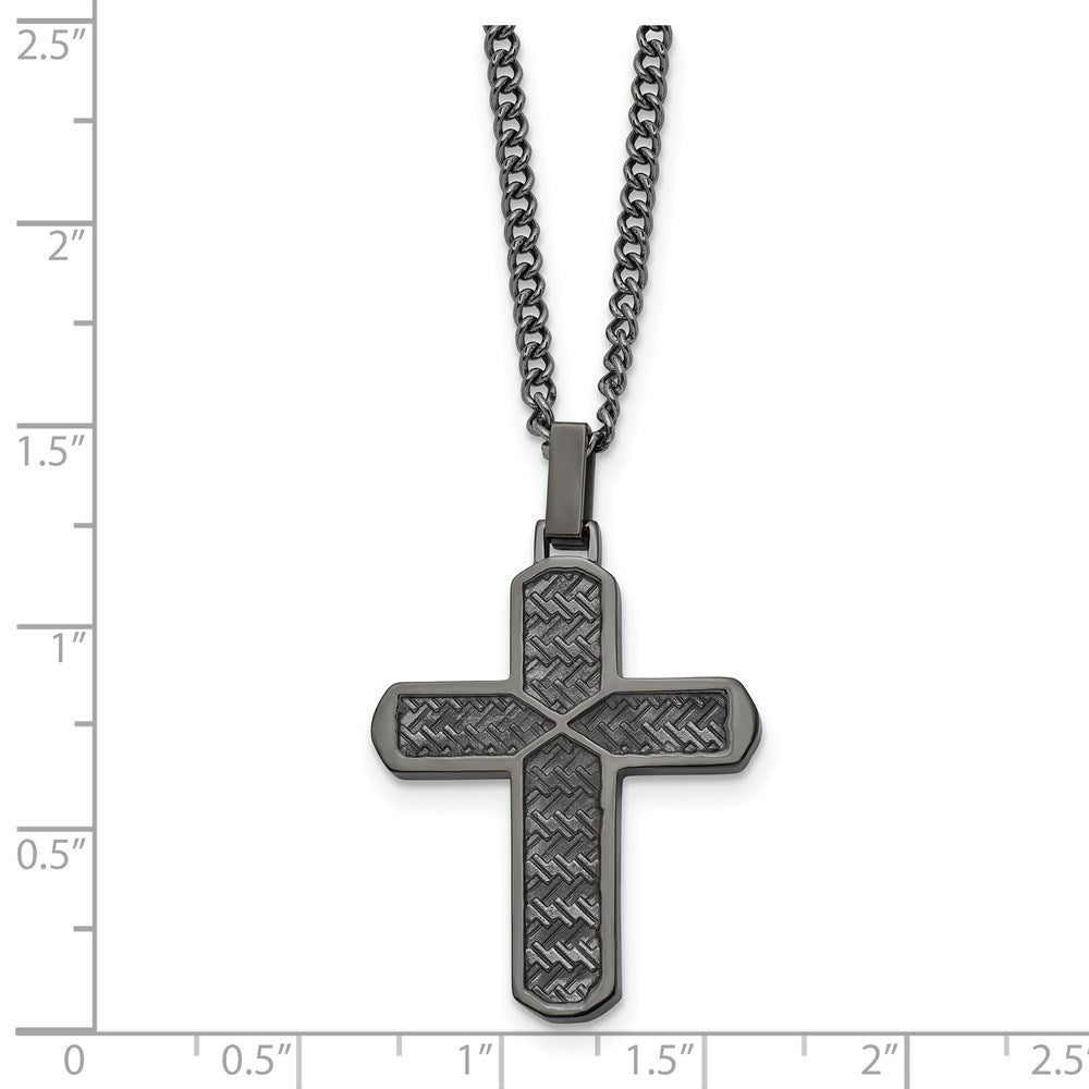 Stainless Steel Polished and Textured GunMetal IP Cross 22in Necklace