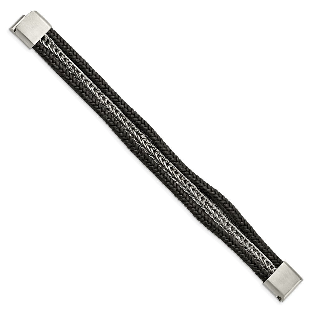 Stainless Steel Polished Black Leather Multi-Strand 8.5in Bracelet 8.5 inches