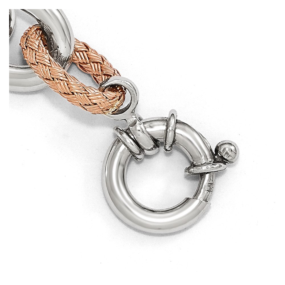 Sterling Silver Rose-tone Polished & Woven Link Bracelet