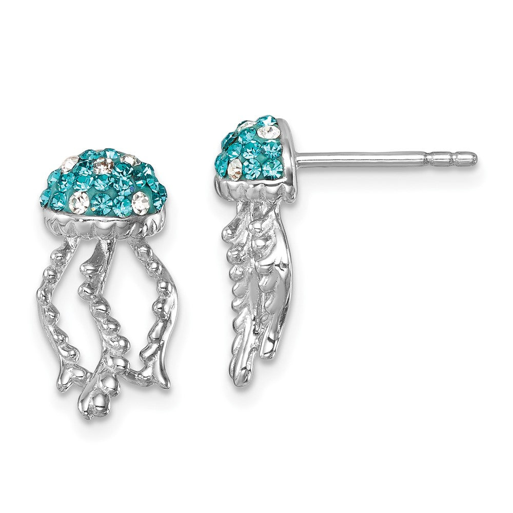 Sterling Silver Rhodium-plated Polished Blue and White Crystal Jellyfish Post Earrings