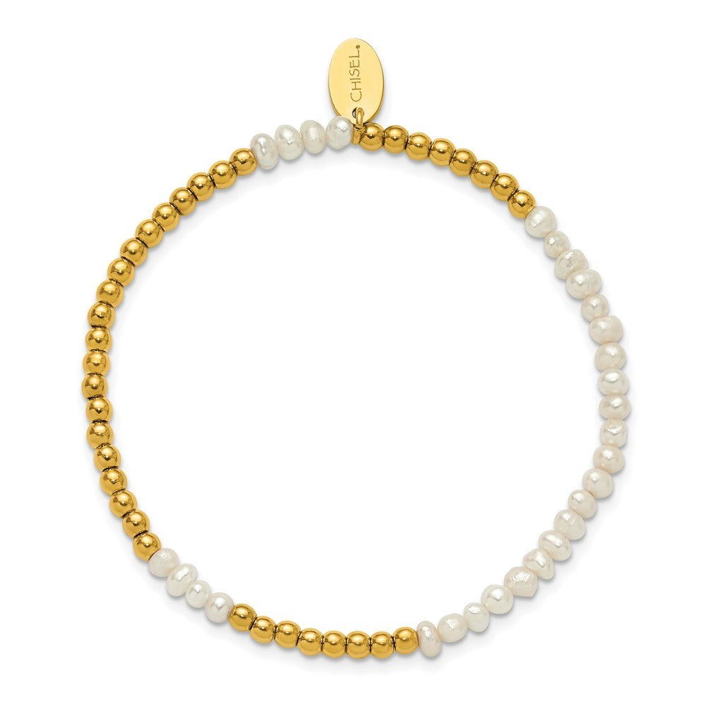 Chisel Stainless Steel Polished Yellow IP-plated 3mm White Freshwater Cultured Pearl Beaded 6.5 inch Stretch Bracelet 6.5 inches