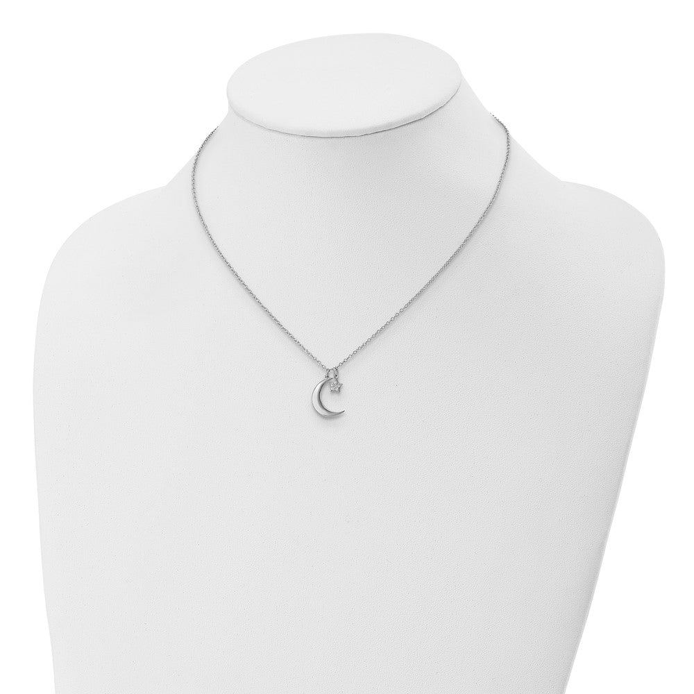 Sterling Silver Rhodium-Plated CZ Star and Moon w/ 2in Ext. Necklace 16 Inches