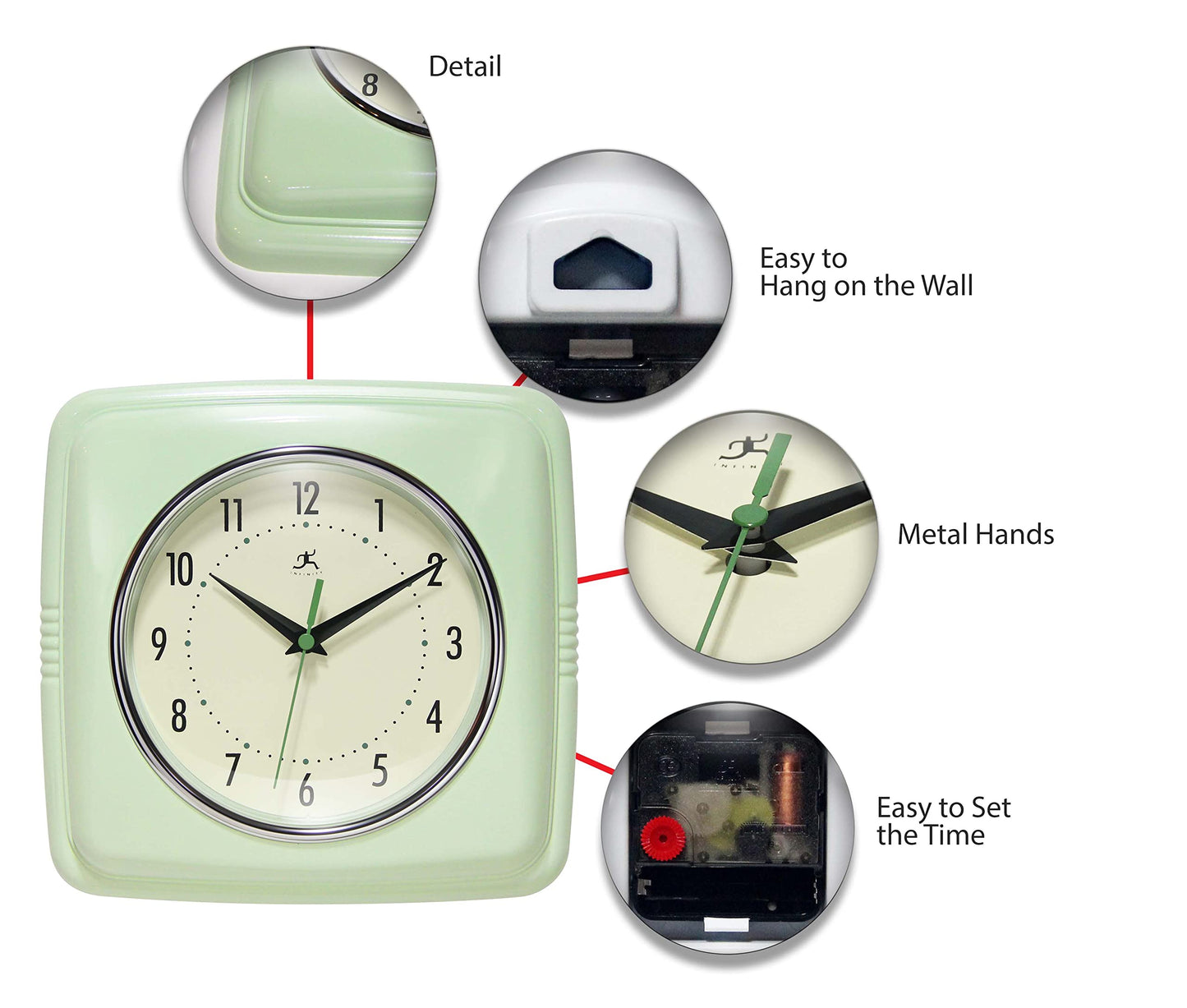 Infinity Instruments Retro Square Meadow Mist Green Plastic 9.25-inch Analog Wall Clock