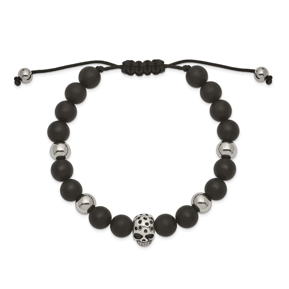 Stainless Steel Polished Black Onyx Beaded Skull Adj. Bracelet
