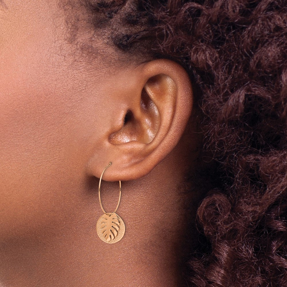 Stainless Steel Polished Textured Rose IP Circle Leaf Dangle Hoop Earrings