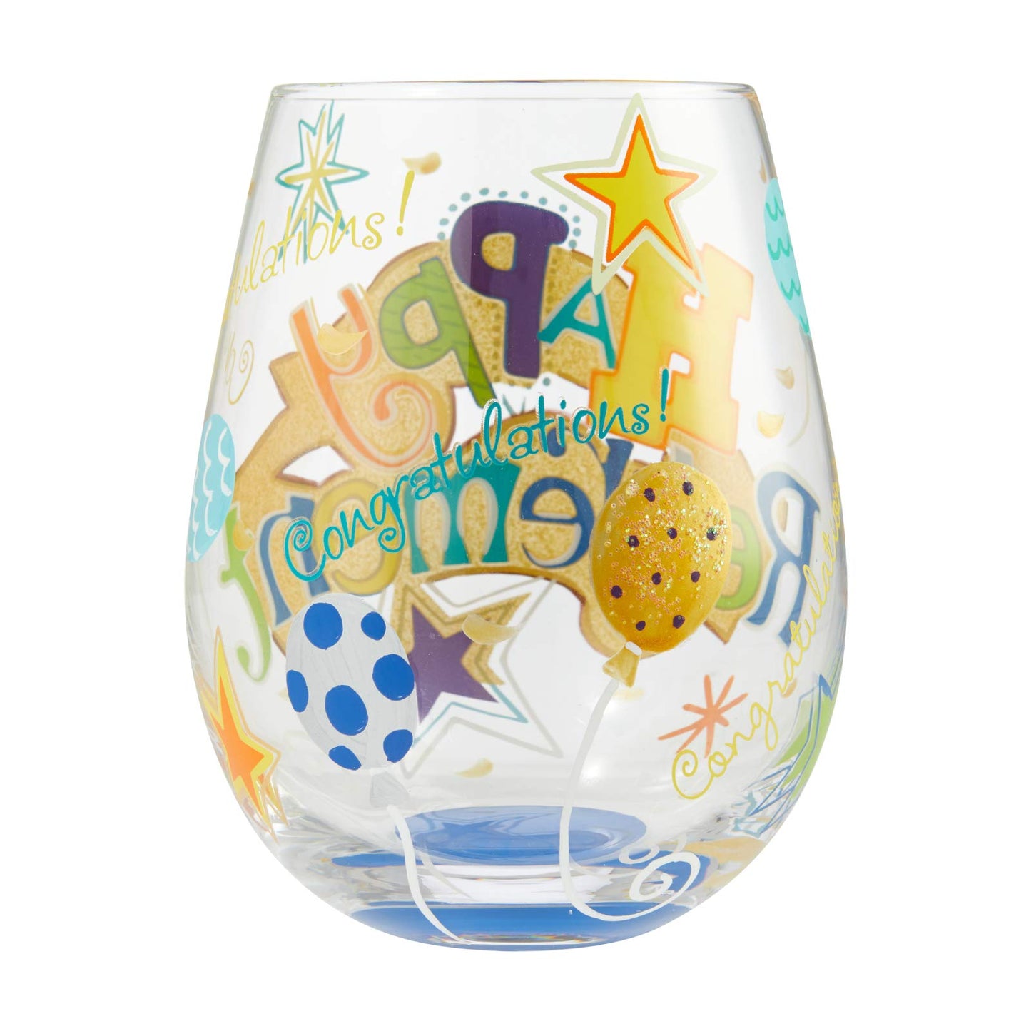 Enesco 6006303 Designs by Lolita Happy Retirement Hand-Painted Artisan Stemless Wine Glass, 20 Ounce, Multicolor