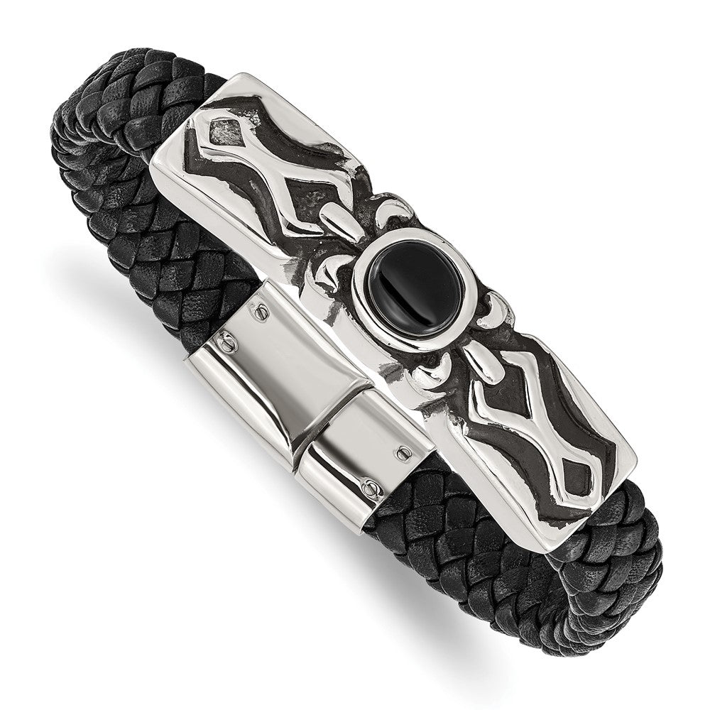 Stainless Steel Antiqued & Polished w/Black Onyx Leather 8.25in Bracelet 8.25 inches