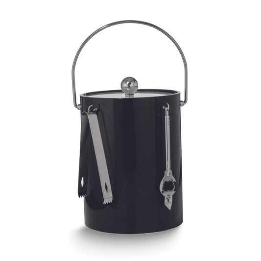 Black Mylar Double Wall Insulated Five Quart Ice Bucket with Stainless Steel Tongs