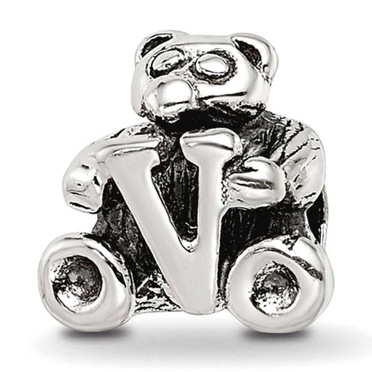 925 Sterling Silver Artisan Oxidized Reflections Letter Name Personalized Monogram Initial V Bead Charm 7.27x7.27mm Wide