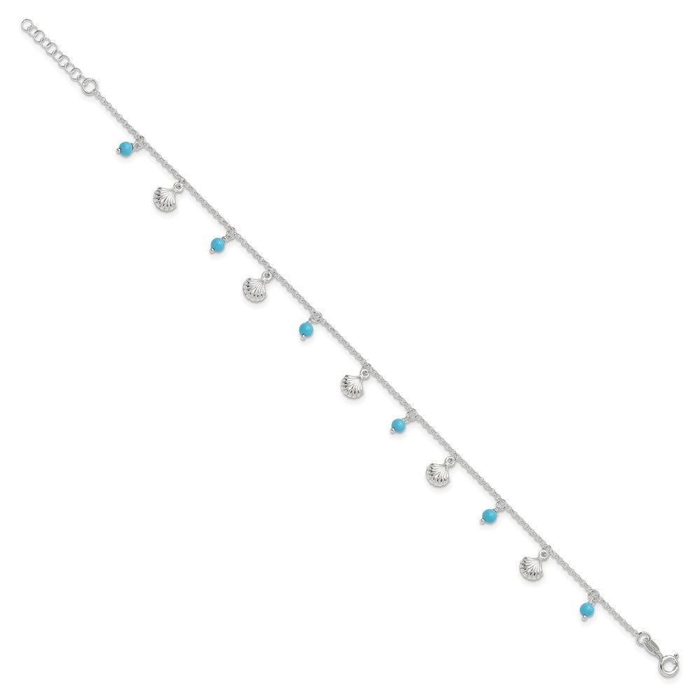 Sterling Silver Polished Shell and Turquoise 9in Plus 1in Ext. Anklet 9 inches
