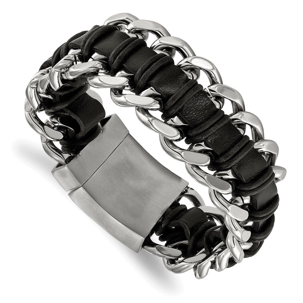 Stainless Steel Brushed and Polished Black Leather 9in Bracelet 9 inches