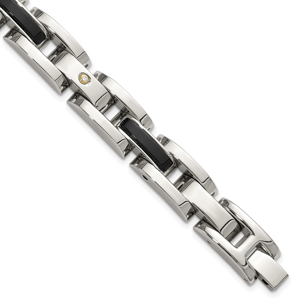 Chisel Stainless Steel Polished with 14K Gold Accent and 1/20ct. Diamond and Onyx 8.25 inch Link Bracelet 8.25 inches