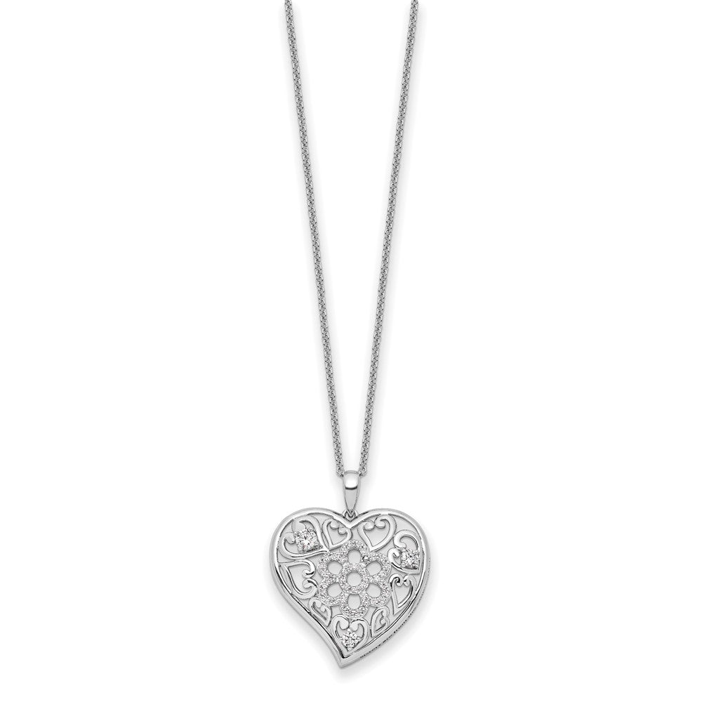 Sentimental Expressions Sterling Silver Rhodium-plated CZ Antiqued Sisterhood Flower Heart 18in Necklace