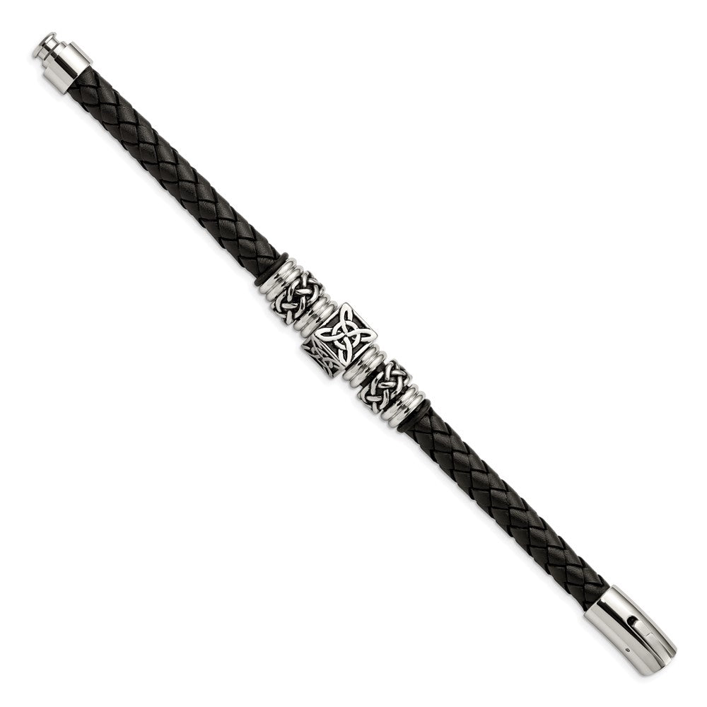 Stainless Steel Antiqued and Polished Black Leather 8.5in Bracelet 8.5 inches