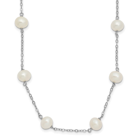 Sterling Silver Rhodium-plated 6-7mm White Near-Round Freshwater Cultured Pearl 12-Station 16 inch Necklace 16 Inches