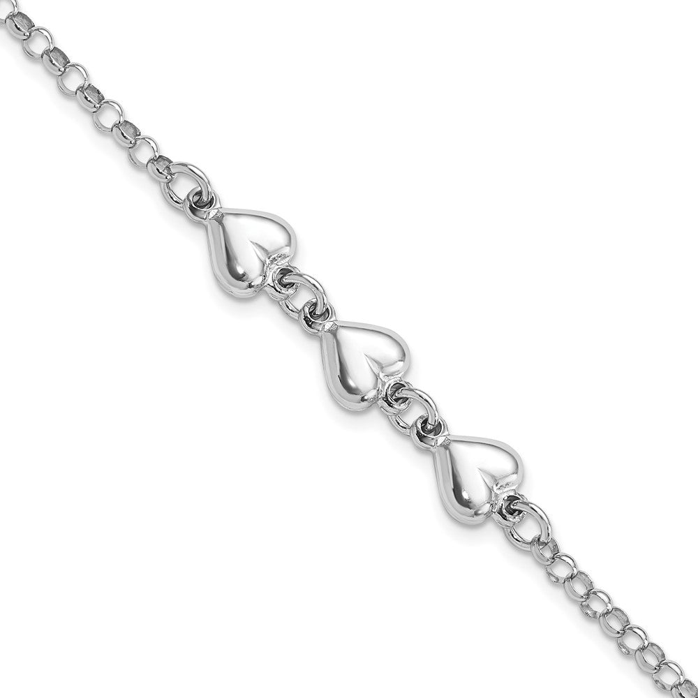 Sterling Silver Rhodium Plated Polished Triple Heart Charm Bracelet 7 inches