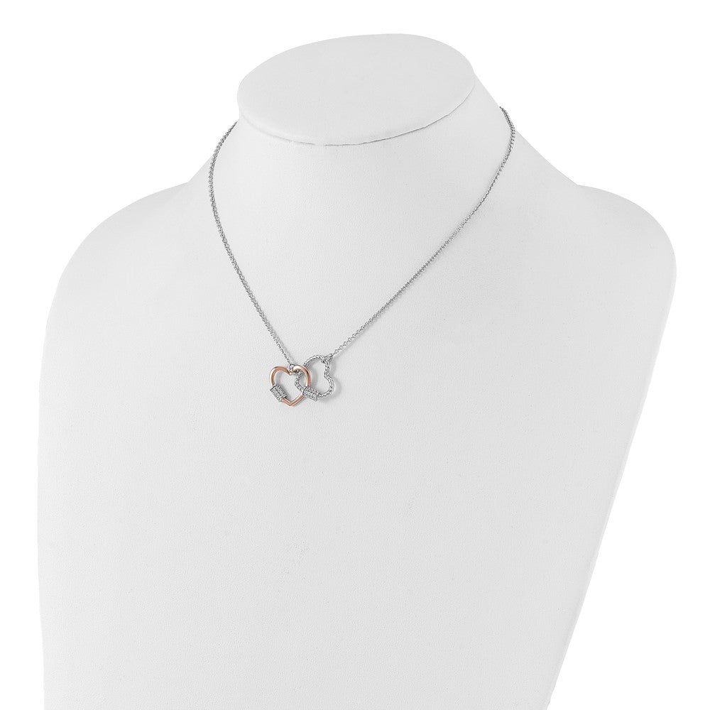 Sterling Silver Rh-plated Rose-tone Double Heart CZ w/2in ext Necklace 16 Inches