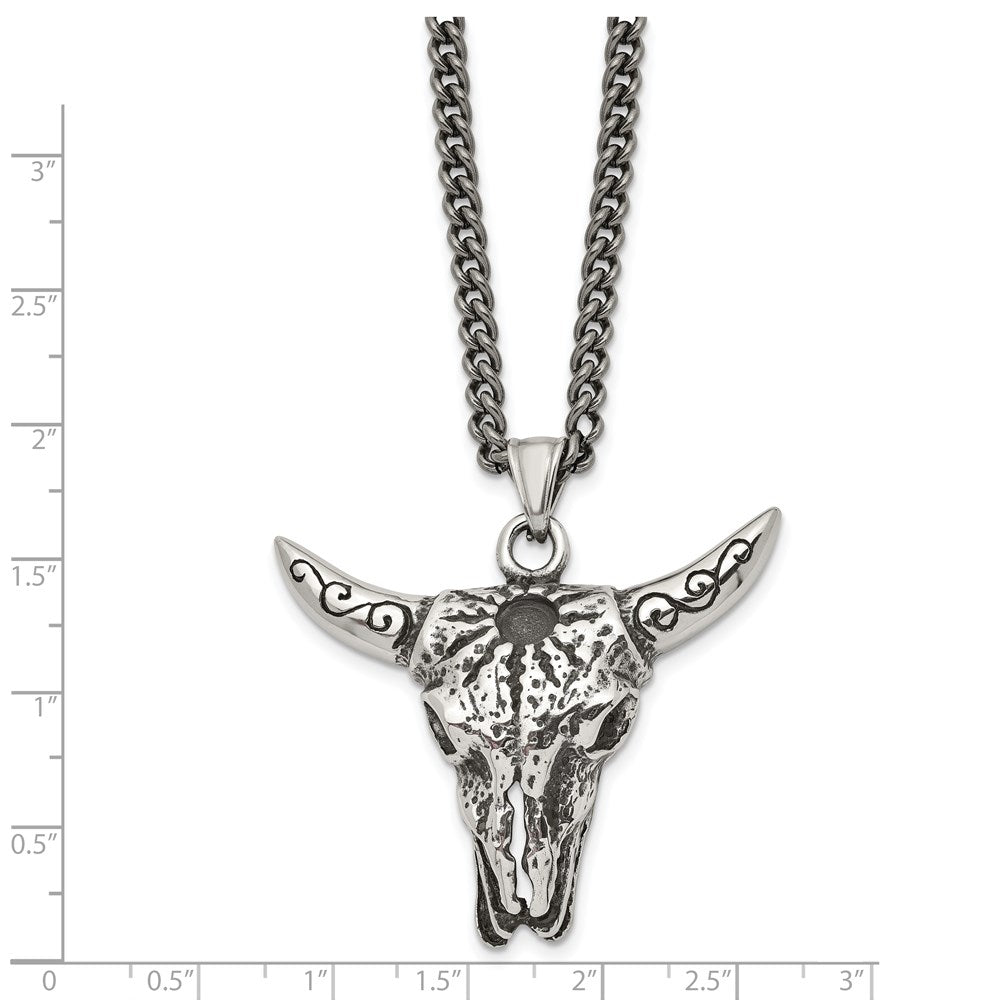 Stainless Steel Antiqued and Polished Bull Skull 20in Necklace