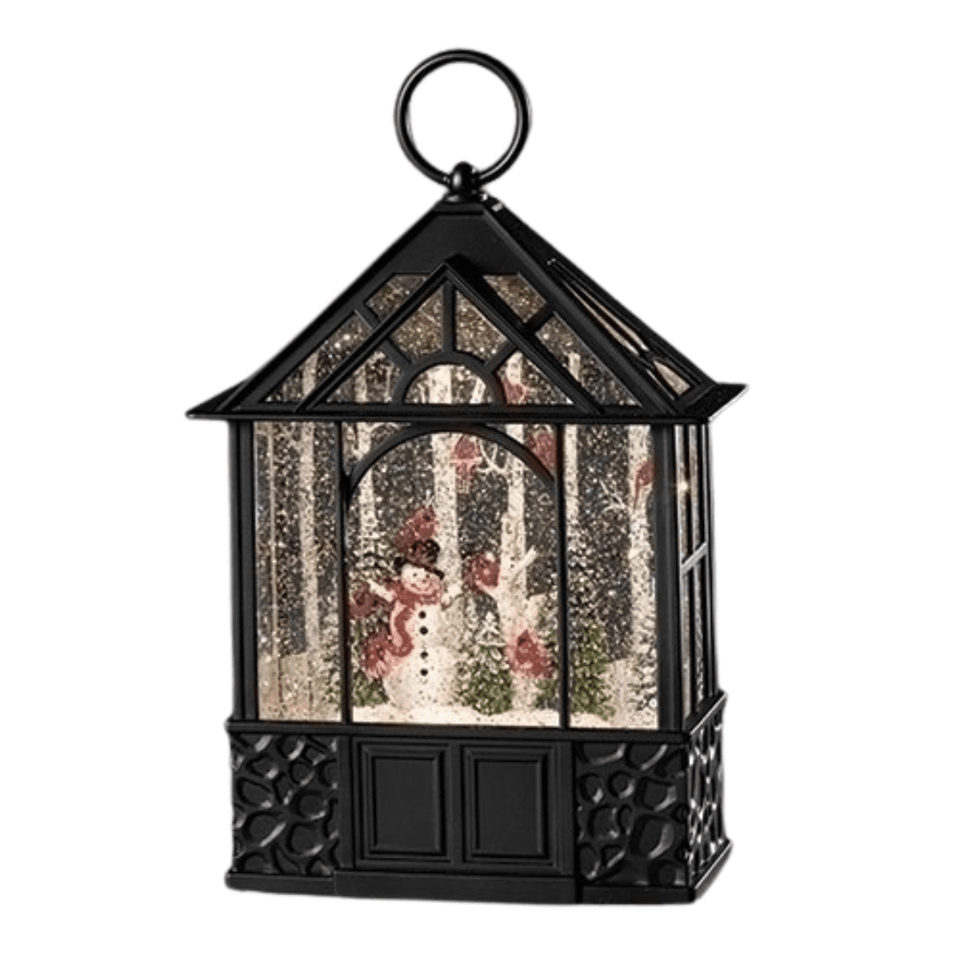 roman Snowman with Cardinals Black Water Lantern