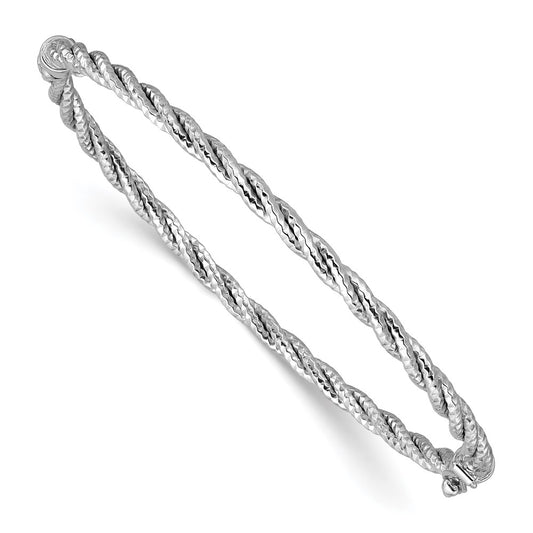 14K White Gold Polish/Diamond-cut Twisted Hinged Bangle