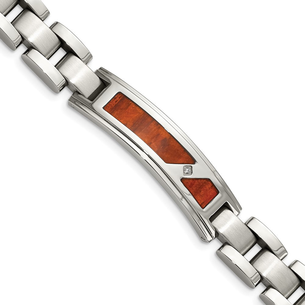 Stainless Steel Brushed and Polished w/Wood Inlay and CZ 8.5in Bracelet 8.5 inches