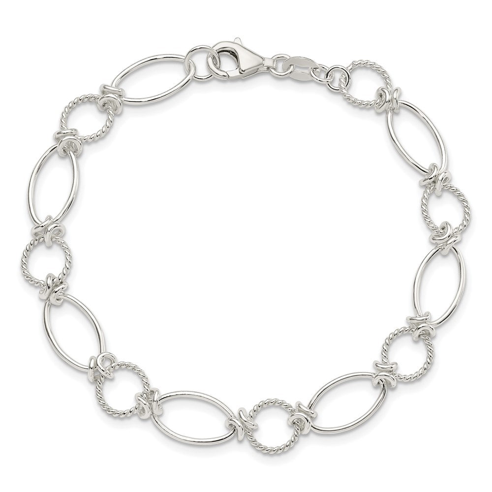 Sterling Silver Polished Textured Fancy Circle and Oval Link Bracelet 7.5 inches
