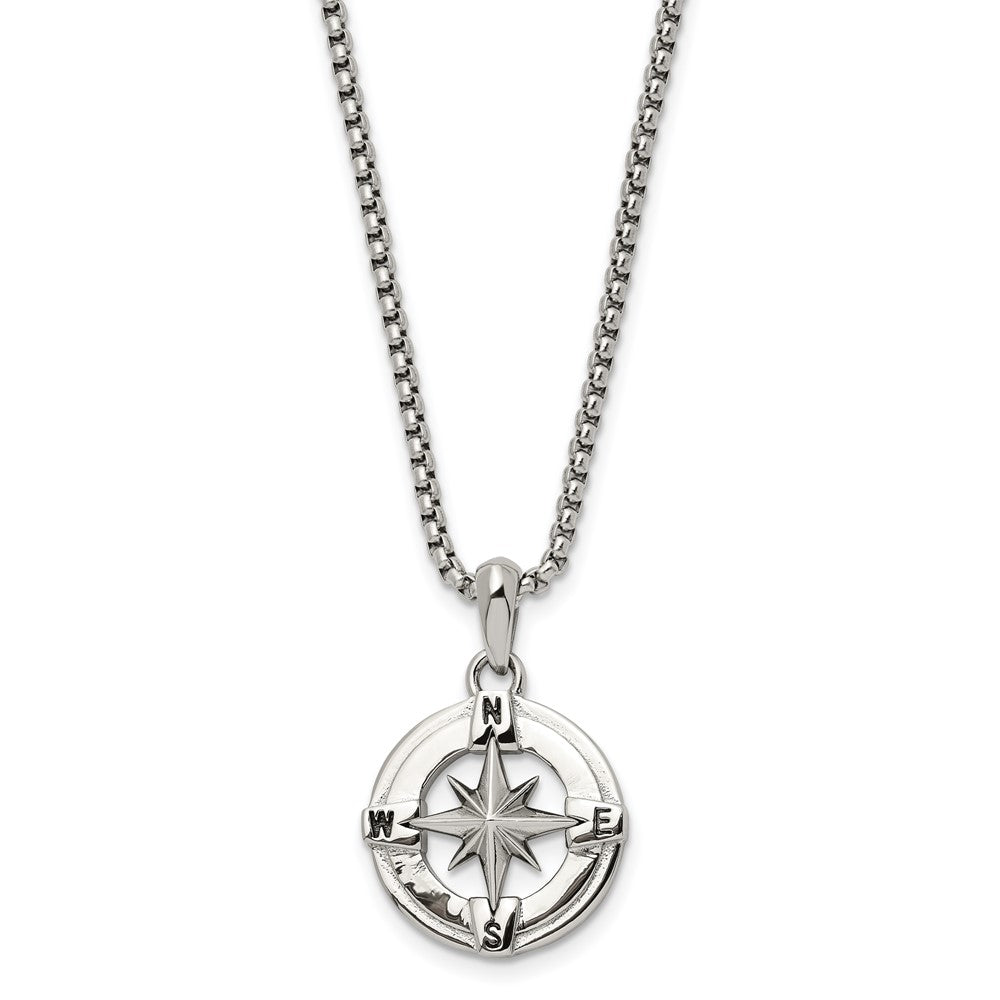 Stainless Steel Polished Compass 22in Necklace