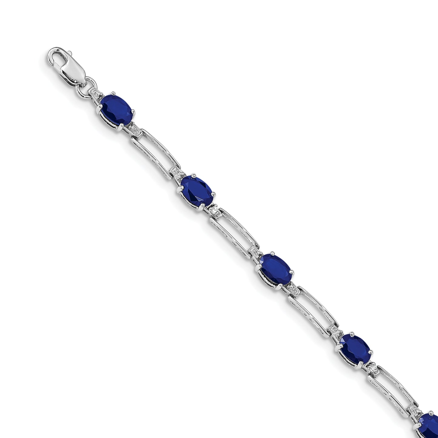 14k White Gold Complete Diamond and Oval Sapphire Paperclip Link 7.25 inch Bracelet