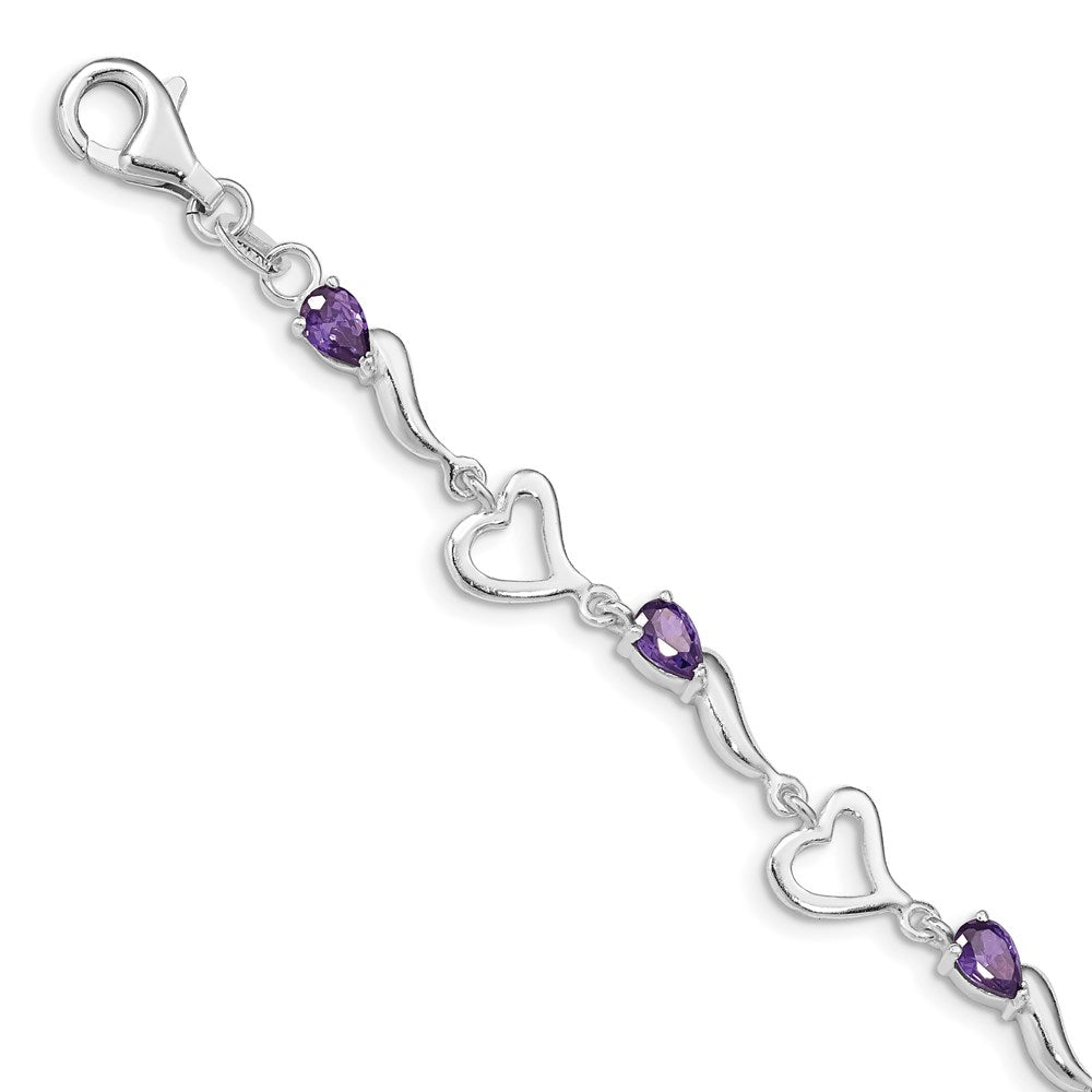 Sterling Silver Rhodium-plated Amethyst Polished Fancy Heart Bracelet 7 inches
