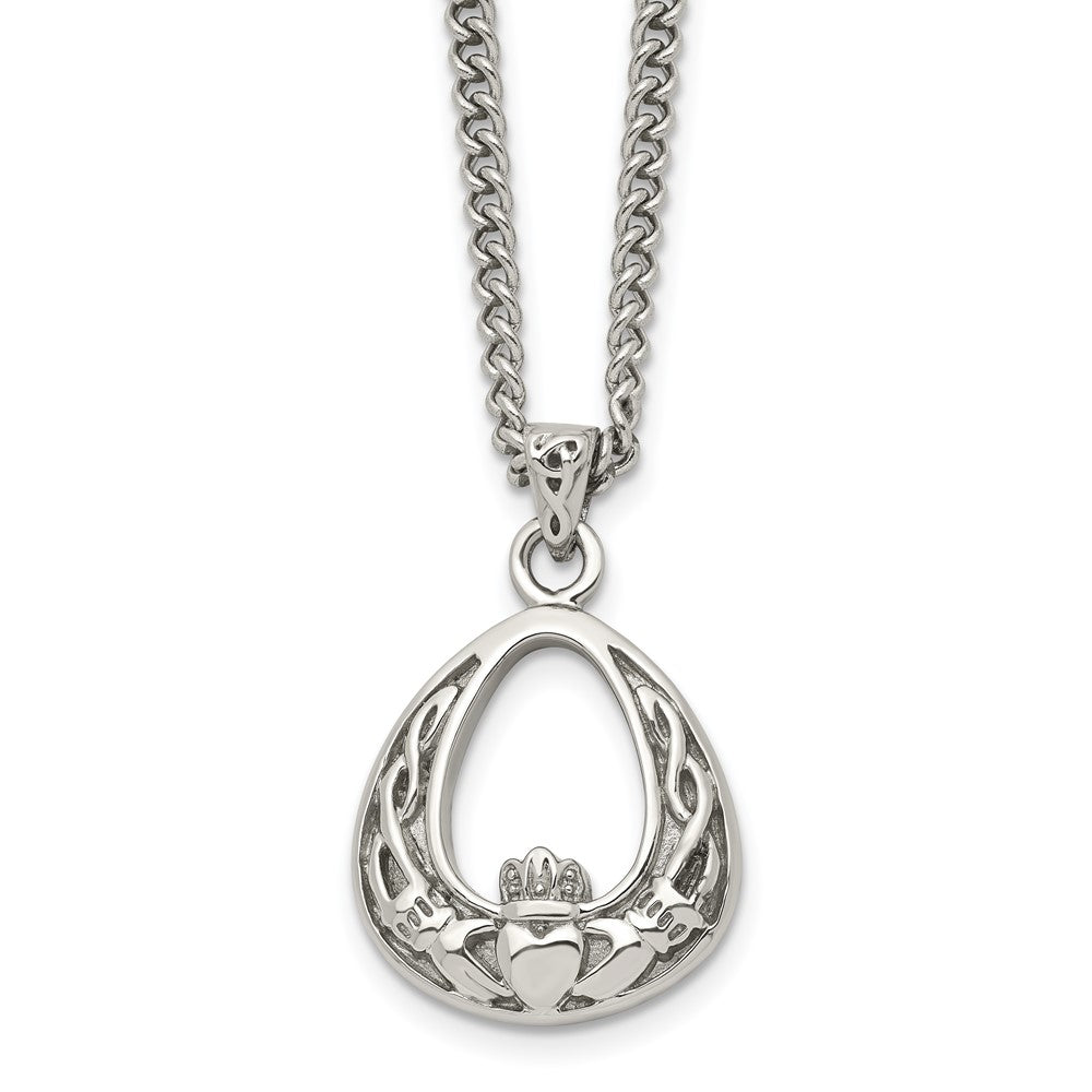 Stainless Steel Antiqued and Polished Claddagh 18in Necklace