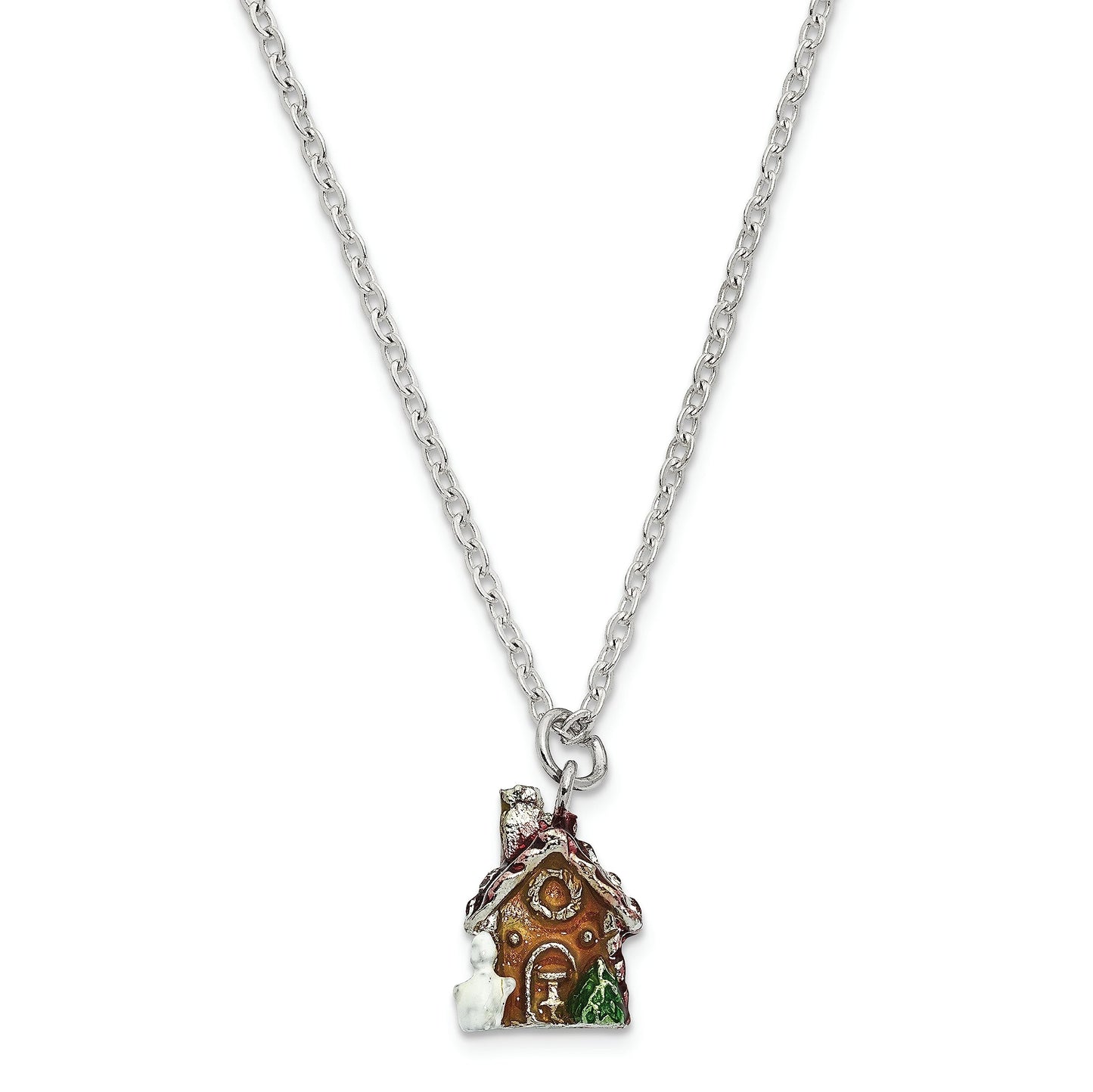 Luxury Giftware by Jere Bejeweled Crystals Silver-tone Enameled LEBKUCHENHAUS Gingerbread House Trinket Box with Matching 18 Inch Necklace QBJ2058