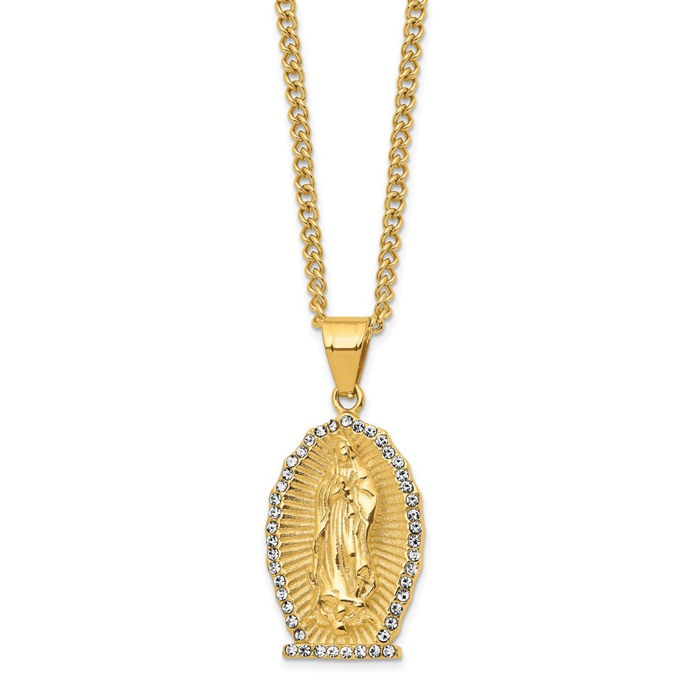 Stainless Steel Polished Yellow IP w/Crystal Lady of Guadalupe Necklace
