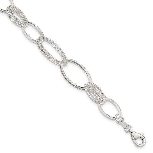 Sterling Silver Polished and Textured Oval Link Bracelet 7.5 inches