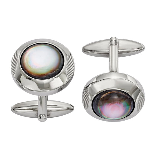 Stainless Steel Polished Round Mother of Pearl Cuff Links