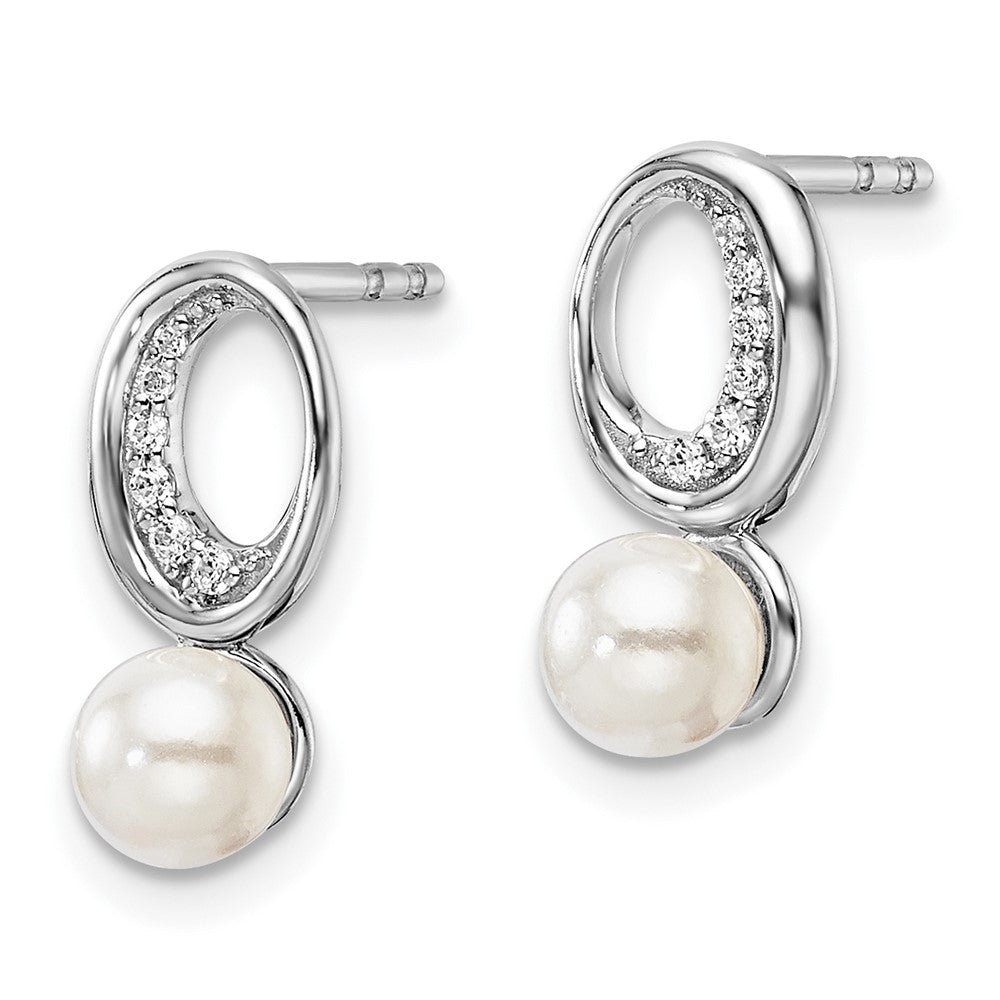 14K White Gold Polished Diamond and Pearl Drop Post Earrings