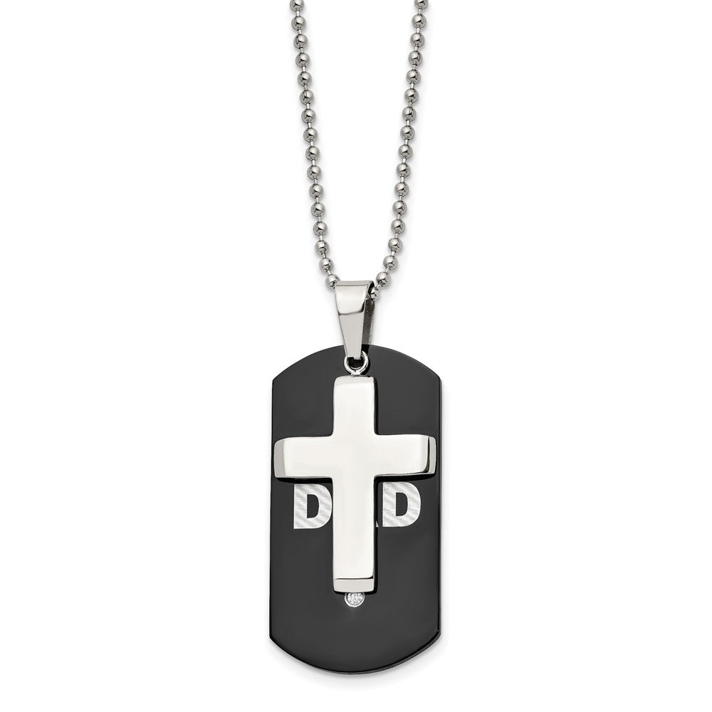 Stainless Steel Polished Black IP-plated Dog Tag with CZ Cross Necklace