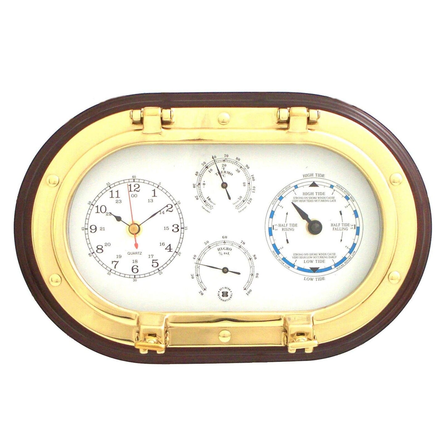 Mahogany and Solid Brass Porthole Clock/Tide Clock/Thermometer/Hygrometer QGM21395