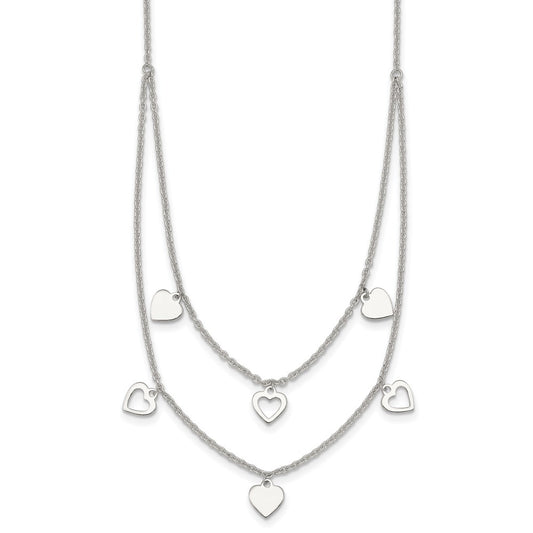 Sterling Silver Polished 2 Strand Multi Heart Necklace 15.75 Inches