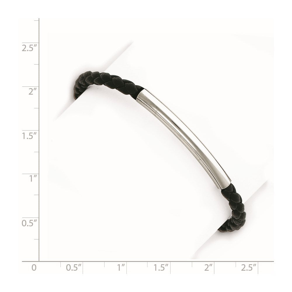 Sterling Silver Rhodium-plated Braided Black Leather Bracelet 7 inches