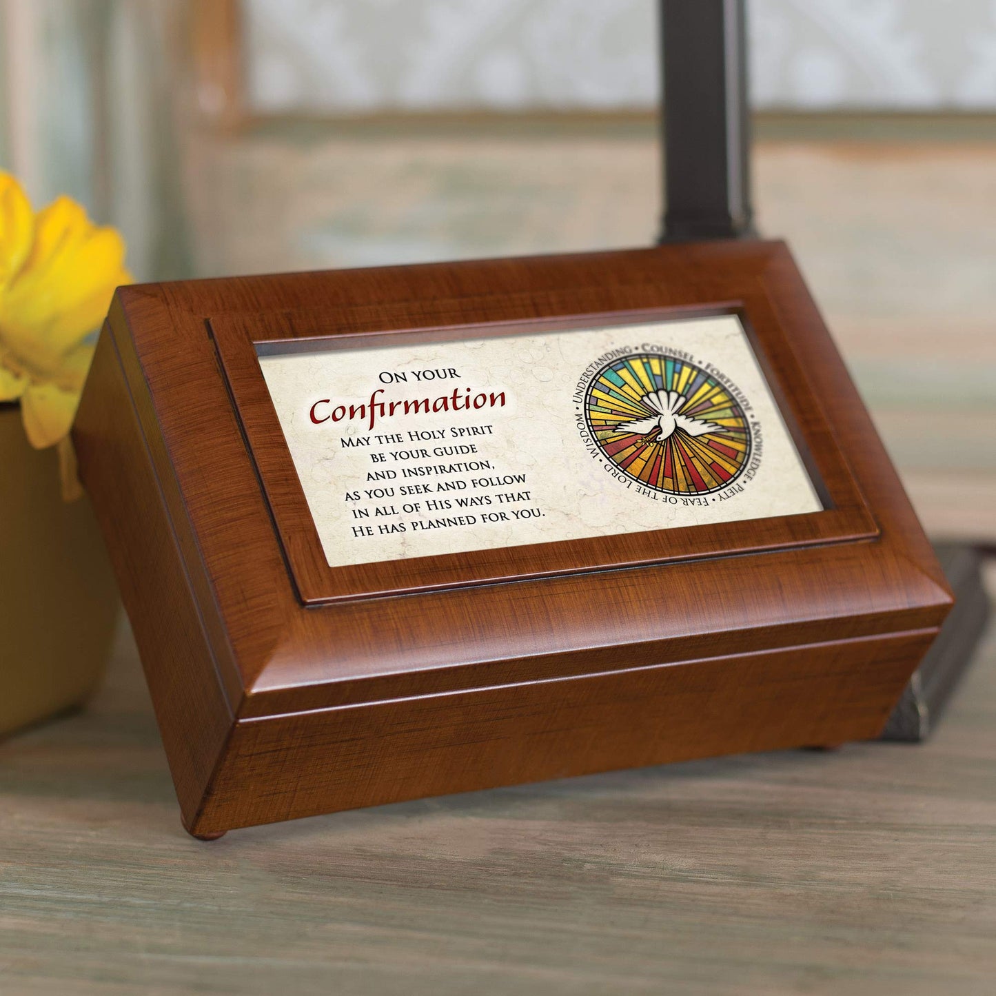 Confirmation Holy Spirit Woodgrain Petite Traditional Music Box Plays How Great Thou Art
