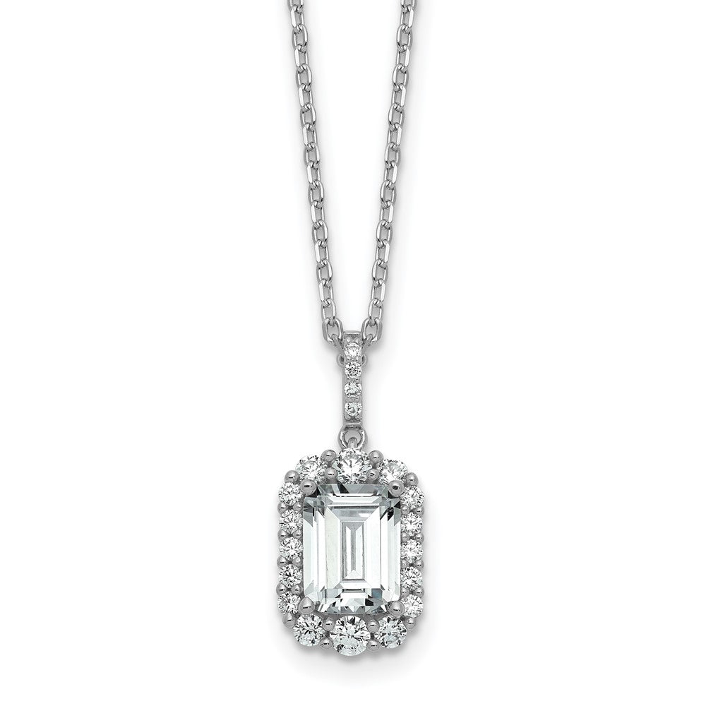 Cheryl M Sterling Silver Rhodium-plated Polished Fancy Emerald-cut CZ Halo with 2 Inch Extension Necklace 16 Inches