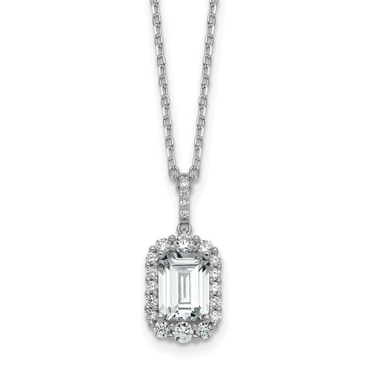Cheryl M Sterling Silver Rhodium-plated Polished Fancy Emerald-cut CZ Halo with 2 Inch Extension Necklace 16 Inches