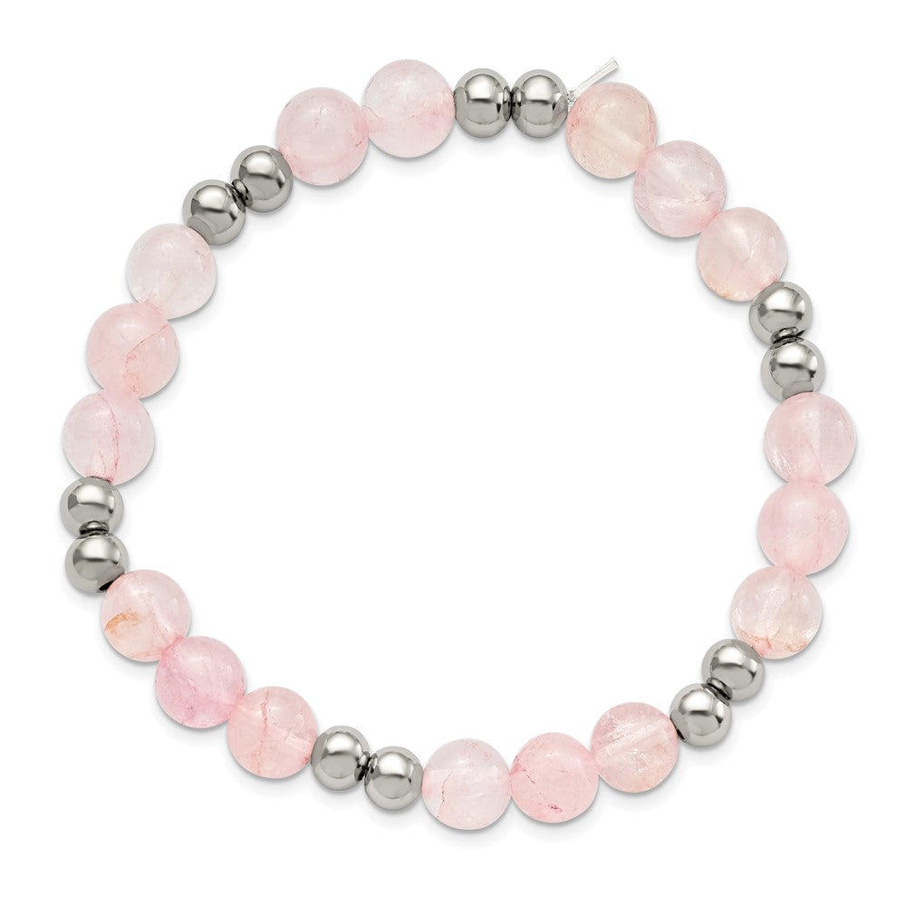 Stainless Steel Polished Pink Quartz Beaded Stretch Bracelet 6.75 inches