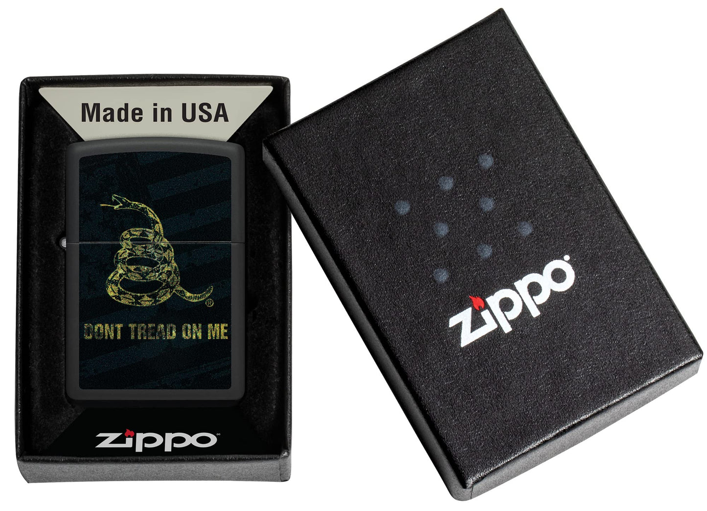Zippo Don't Tread On Me Snake and Flag Black Matte Pocket Lighter