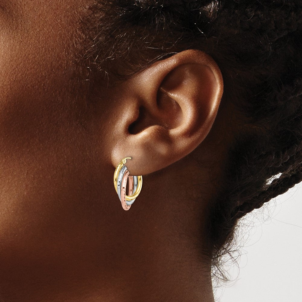 10k Tri-color Diamond-cut Triple Hoop Earrings