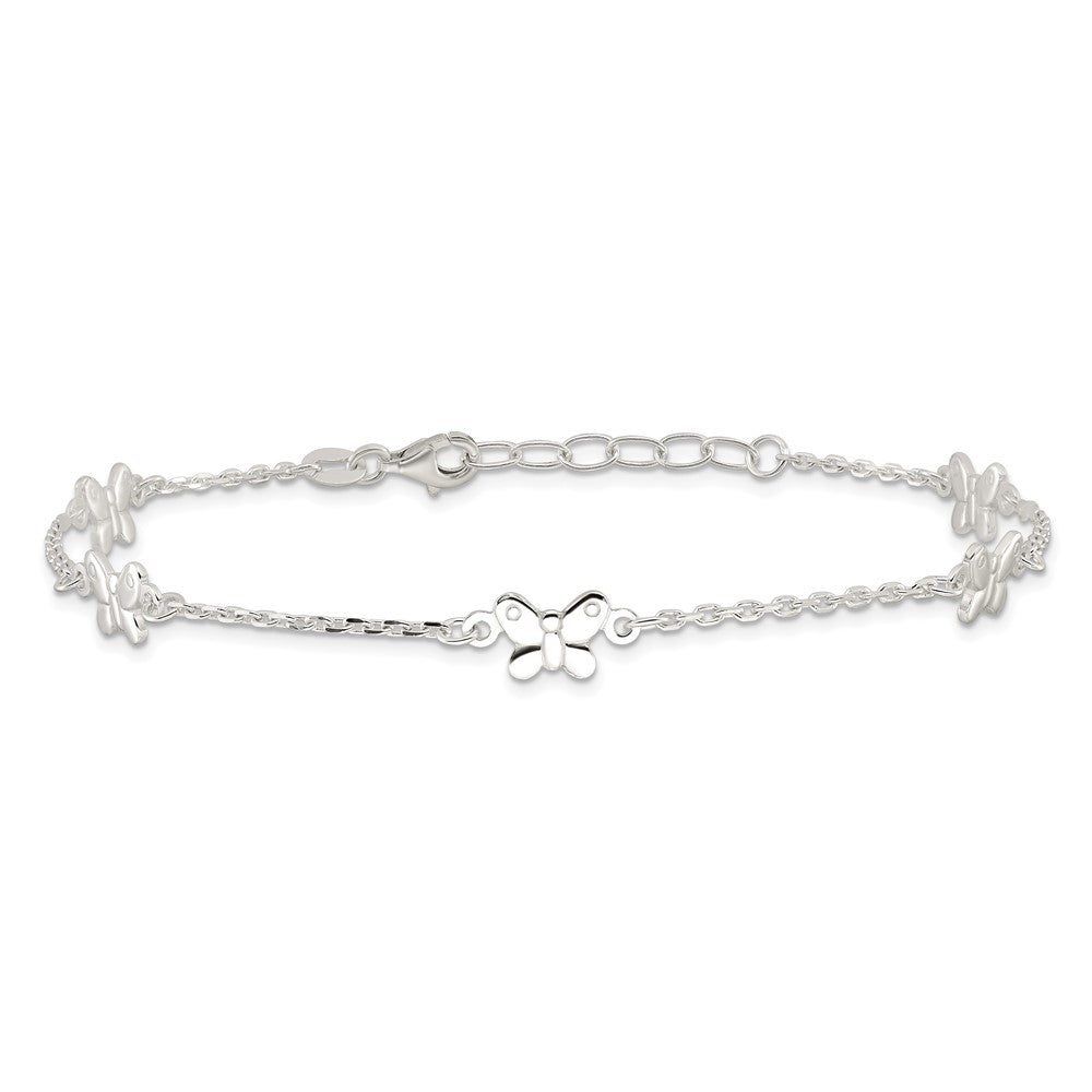 Sterling Silver Polished Butterfly 9in Plus 1in Ext Anklet 9 inches