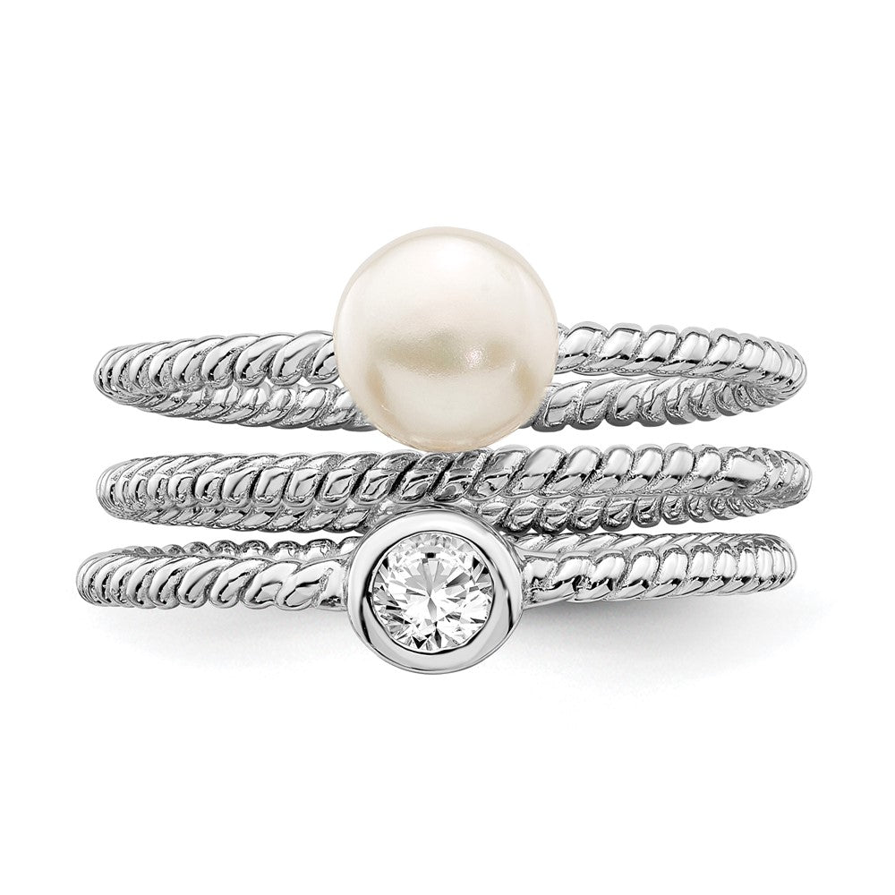Sterling Silver Rhod-plat 6-7mm White Button FWC Pearl CZ set of 3 Ring
