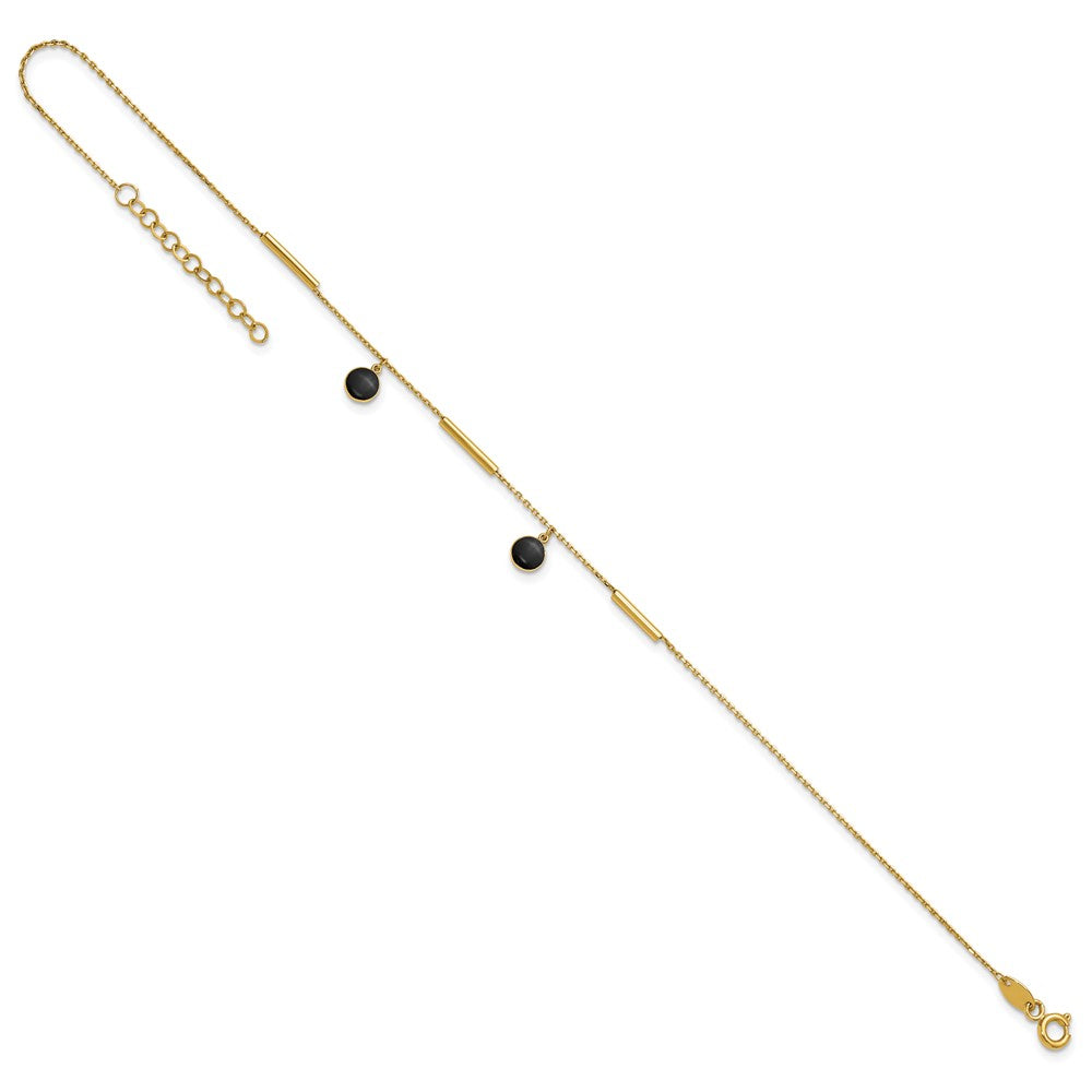 14K Polished Round Onyx Dangles and Bars 9 inch with 1 inch Extender Anklet