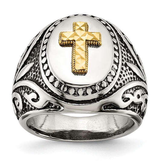 Stainless Steel w/14k Accent Antiqued and Polished Cross Ring Size - 12
