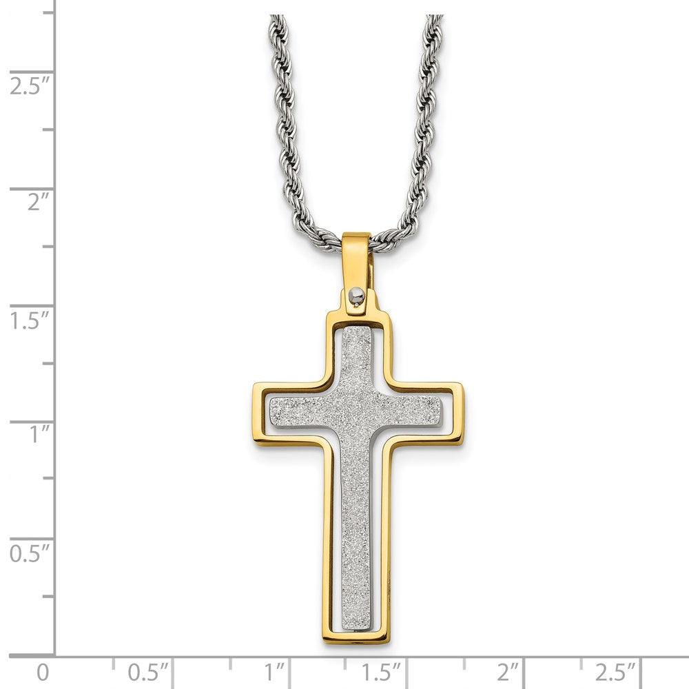 Stainless Steel Polished Yellow IP Laser Cut Moveable Cross Necklace